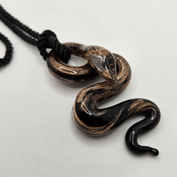Murano Style Lampwork Glitter Glass Snake Pendant with Cord Necklace - Picture 3 of 7